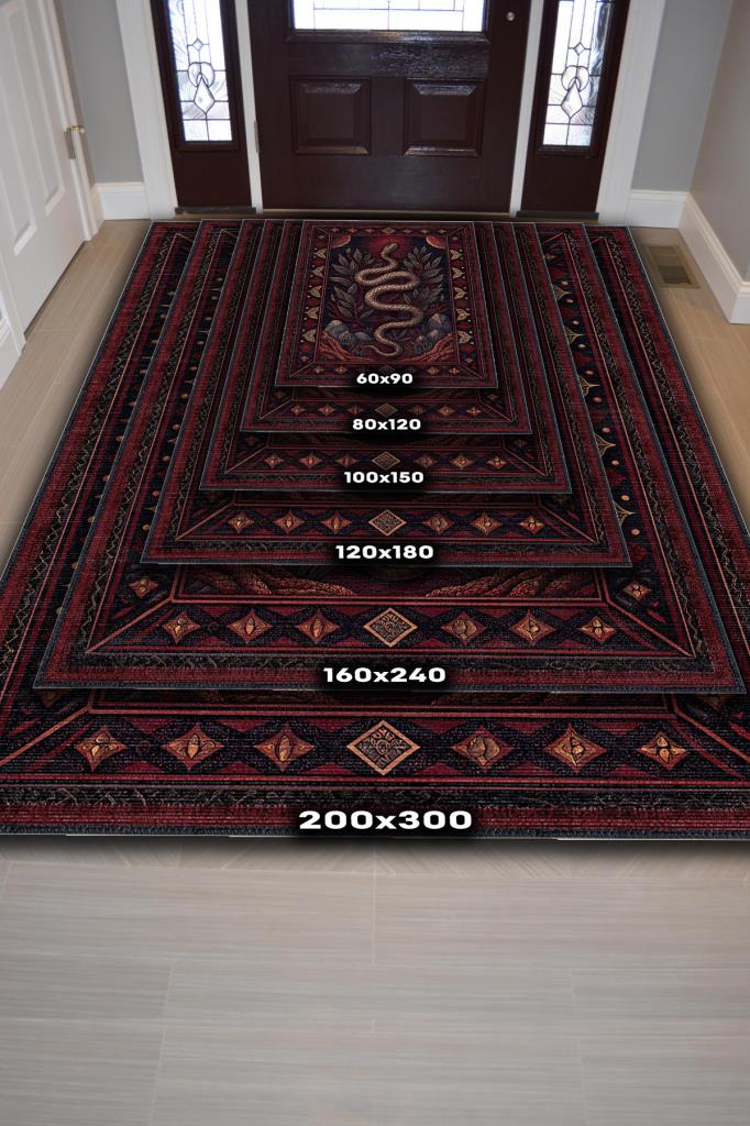 Homshtag Gotik Yılan Temalı Halı Kırmızı Siyah Renkli Oturma Odası Halısı Yılan Figürlü Halı