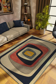 Homshtag Göz, Soft Renkli Halı, Modern Tasarım Halı, Krem, Lacivert, Bej Dokuma Tabanlı Salon Halısı