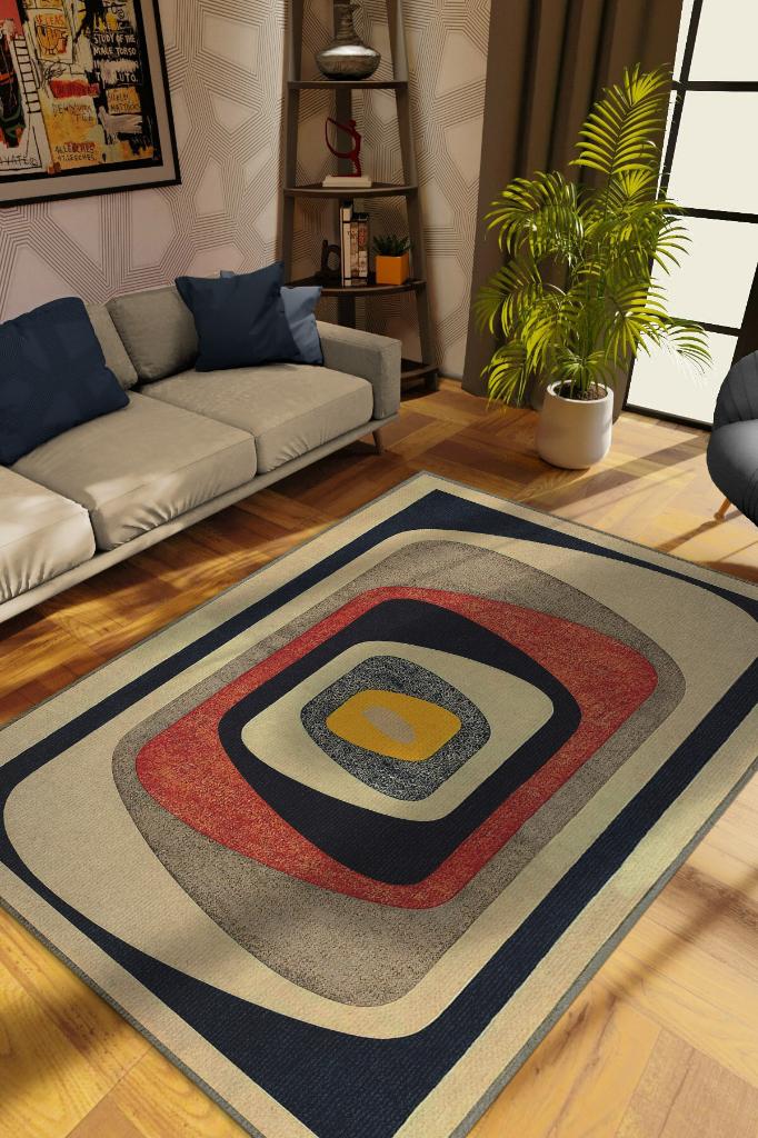 Homshtag Göz, Soft Renkli Halı, Modern Tasarım Halı, Krem, Lacivert, Bej Dokuma Tabanlı Salon Halısı