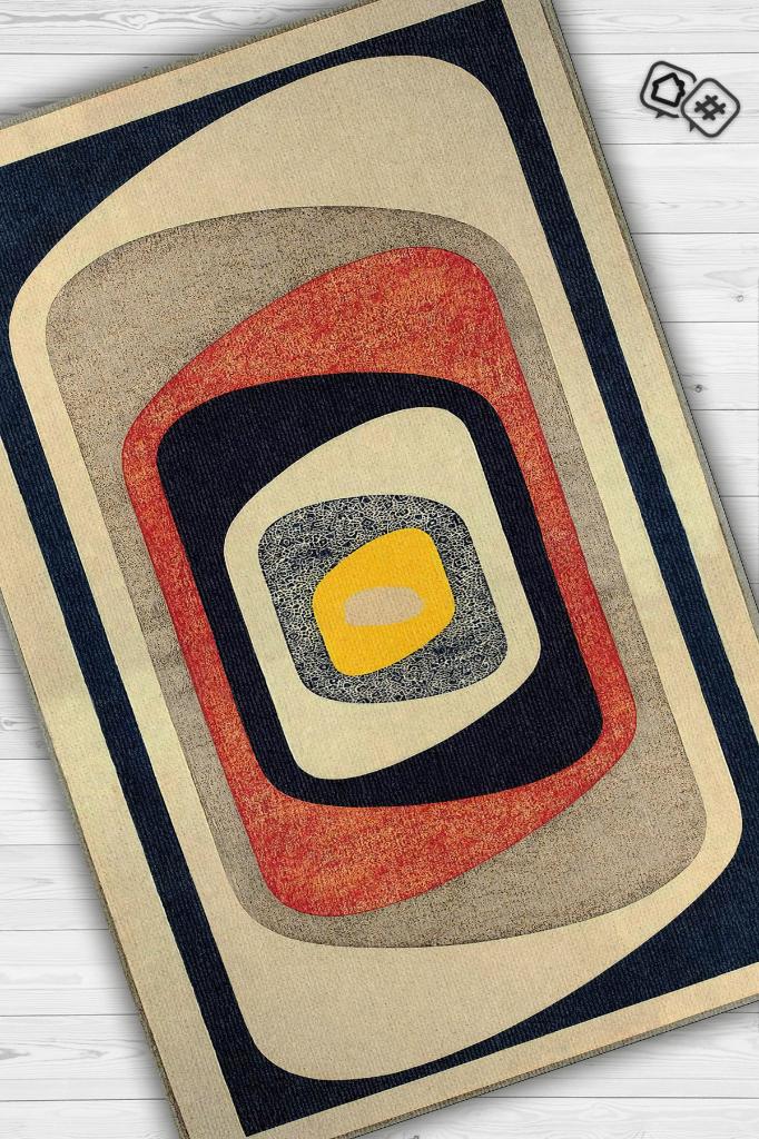 Homshtag Göz, Soft Renkli Halı, Modern Tasarım Halı, Krem, Lacivert, Bej Dokuma Tabanlı Salon Halısı