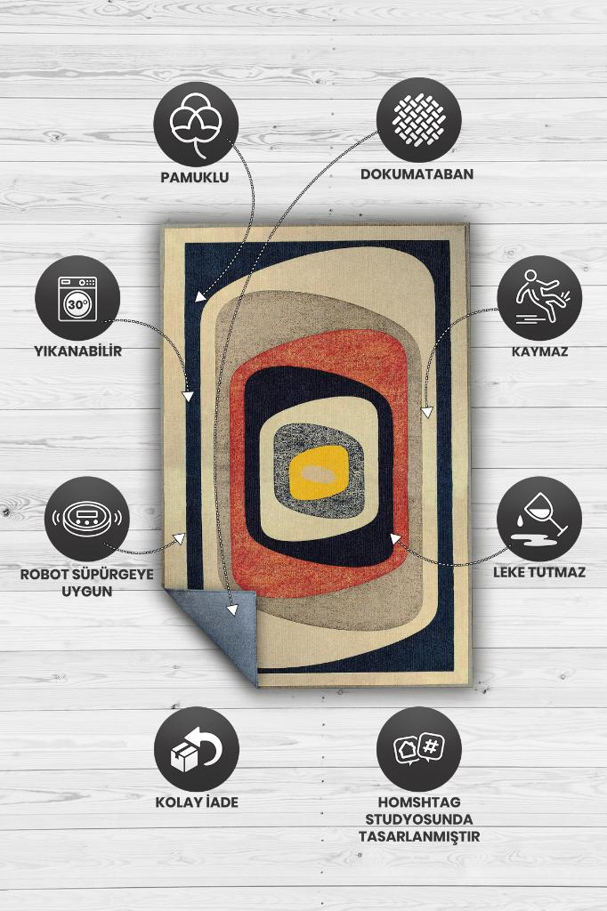 Homshtag Göz, Soft Renkli Halı, Modern Tasarım Halı, Krem, Lacivert, Bej Dokuma Tabanlı Salon Halısı