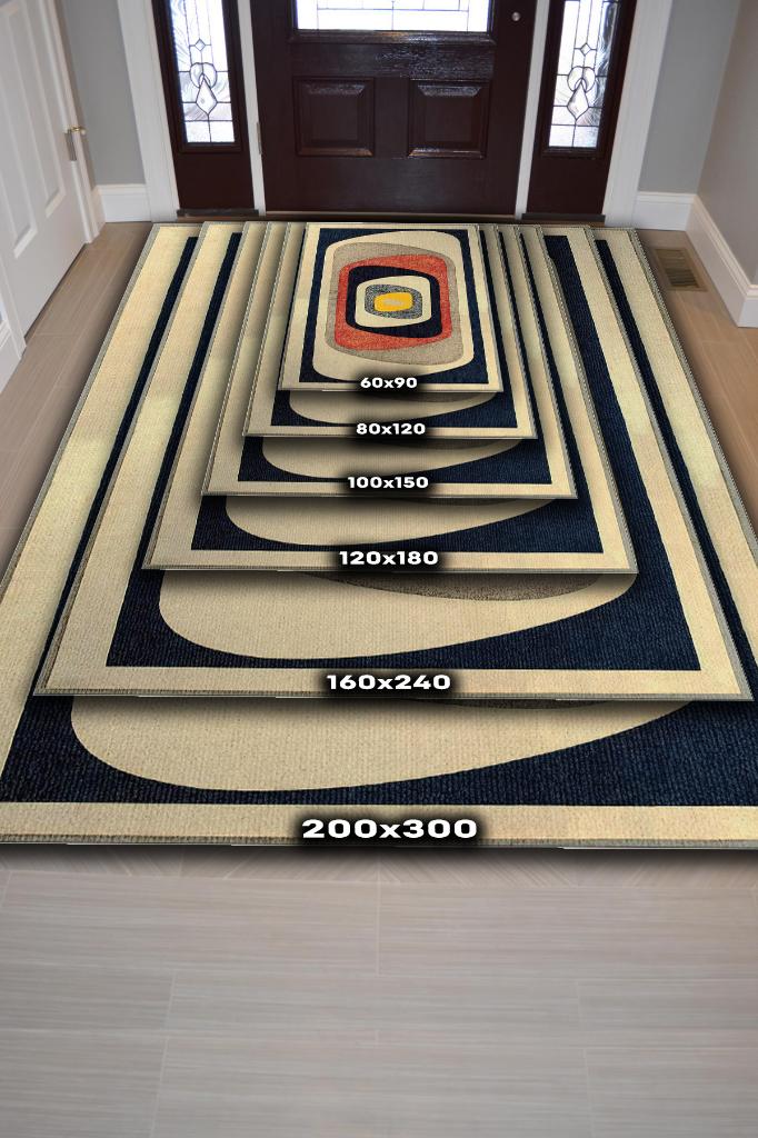 Homshtag Göz, Soft Renkli Halı, Modern Tasarım Halı, Krem, Lacivert, Bej Dokuma Tabanlı Salon Halısı