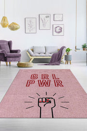 Homshtag Grl Pwr Pembe Renkli Halı Kadınlara Özel Halı Dijital Baskı Tasarım Halı Figürlü Halı