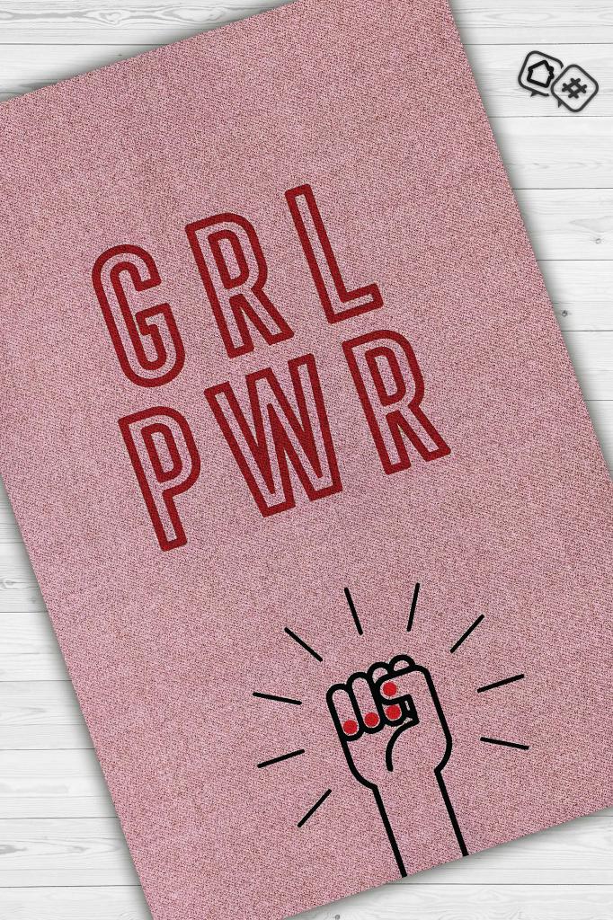 Homshtag Grl Pwr Pembe Renkli Halı Kadınlara Özel Halı Dijital Baskı Tasarım Halı Figürlü Halı