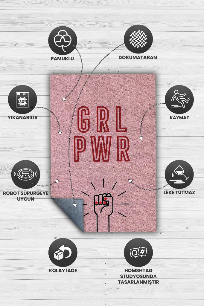 Homshtag Grl Pwr Pembe Renkli Halı Kadınlara Özel Halı Dijital Baskı Tasarım Halı Figürlü Halı