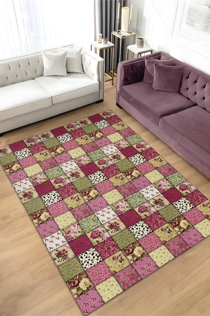 Homshtag Gül Bahçesi Patchwork Geometrik Halı Renkli Kareli Oturma Odası Halısı Çiçekli Salon Halısı