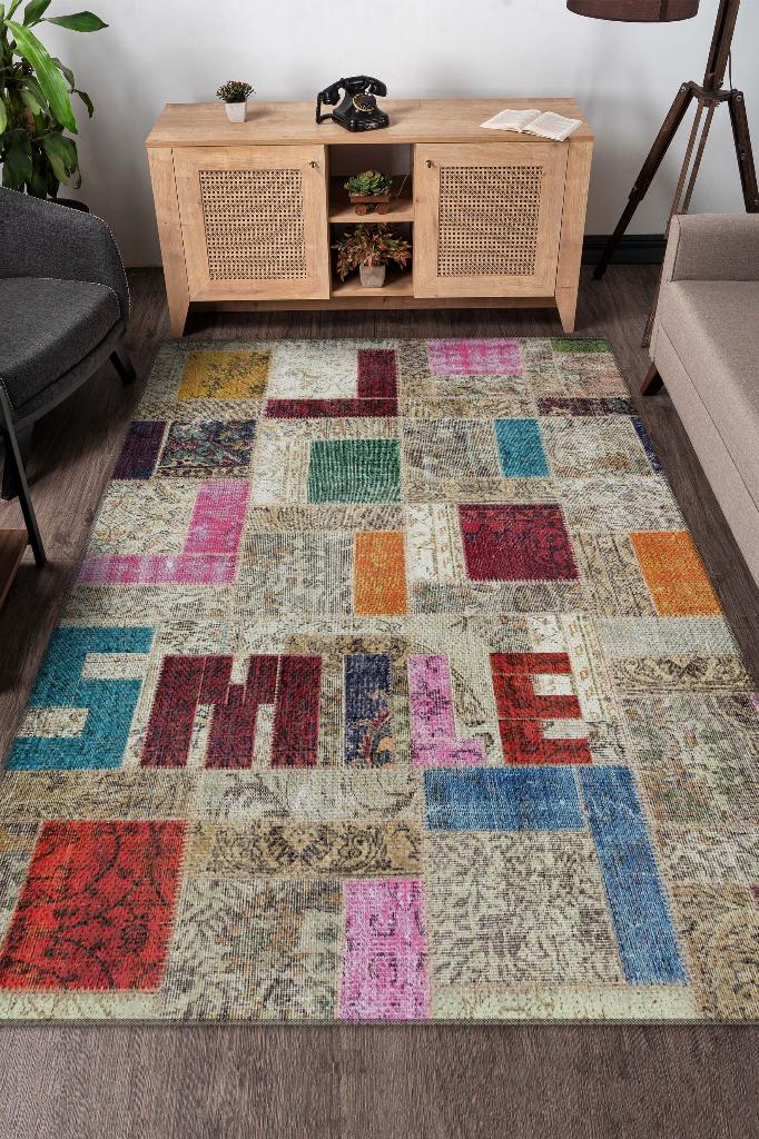 Homshtag Gülümse Çok Renkli Halı Geometrik Oturma Odası Halısı Modern Kare Desenli Salon Halısı