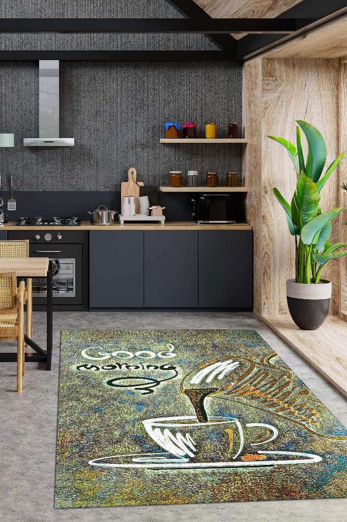 Homshtag Günaydın Yeşil Renki Halı Kahve Desenli Mutfak Halısı Sanatsal Salon Halısı Kahveli Halı