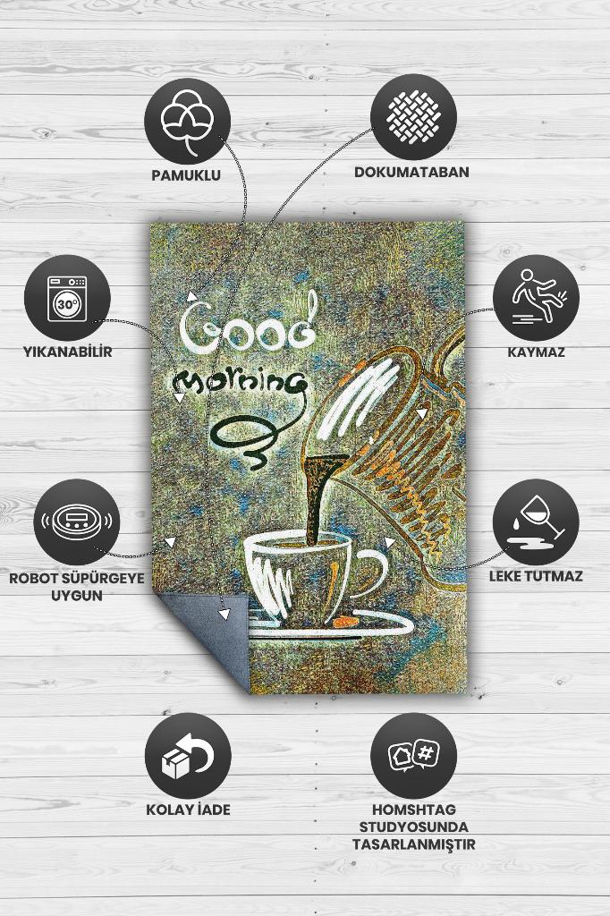 Homshtag Günaydın Yeşil Renki Halı Kahve Desenli Mutfak Halısı Sanatsal Salon Halısı Kahveli Halı