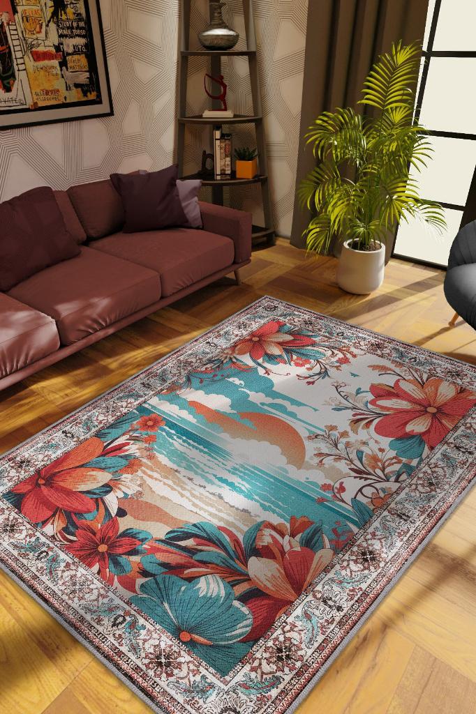 Homshtag Günbatımı Temalı Salon Halısı Geometrik Desenli Çok Renkli Etnik Oturma Odası Halısı