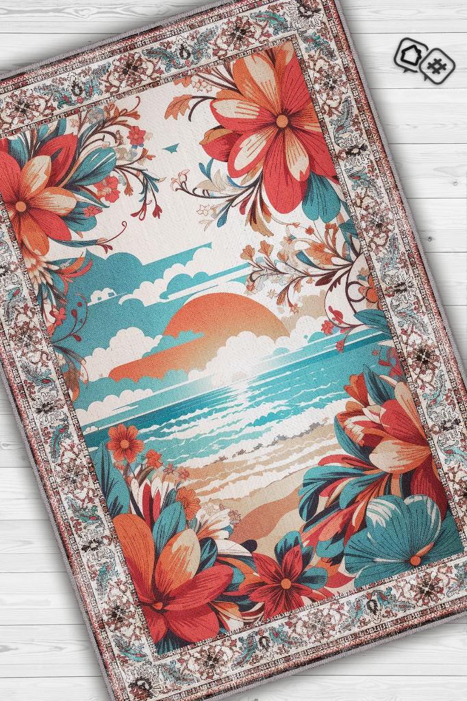 Homshtag Günbatımı Temalı Salon Halısı Geometrik Desenli Çok Renkli Etnik Oturma Odası Halısı