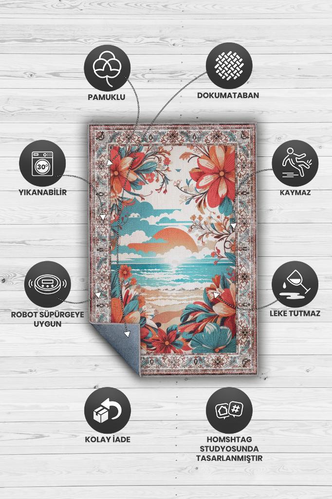 Homshtag Günbatımı Temalı Salon Halısı Geometrik Desenli Çok Renkli Etnik Oturma Odası Halısı