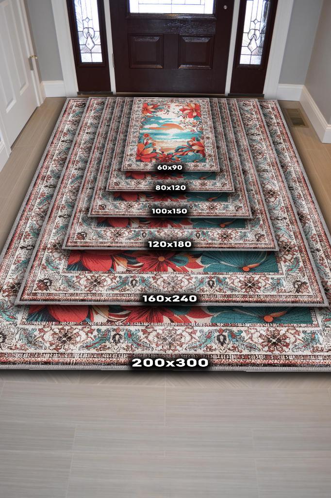 Homshtag Günbatımı Temalı Salon Halısı Geometrik Desenli Çok Renkli Etnik Oturma Odası Halısı