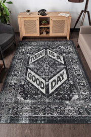 Homshtag Güzel Bir Gün Etnik Desenli Halı Geometrik Salon Halısı Siyah Renkli Oturma Odası Halısı