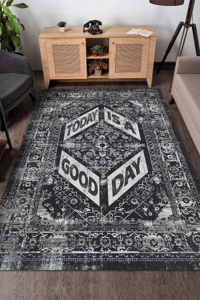 Homshtag Güzel Bir Gün Etnik Desenli Halı Geometrik Salon Halısı Siyah Renkli Oturma Odası Halısı