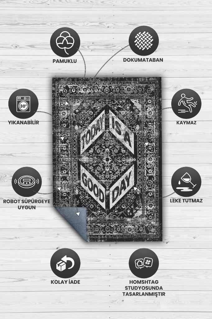 Homshtag Güzel Bir Gün Etnik Desenli Halı Geometrik Salon Halısı Siyah Renkli Oturma Odası Halısı