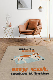 Homshtag Hayat Kedimle Güzel Bej Turuncu Halı Kedi Figürlü Salon Halısı Modern Genç Odası Halısı