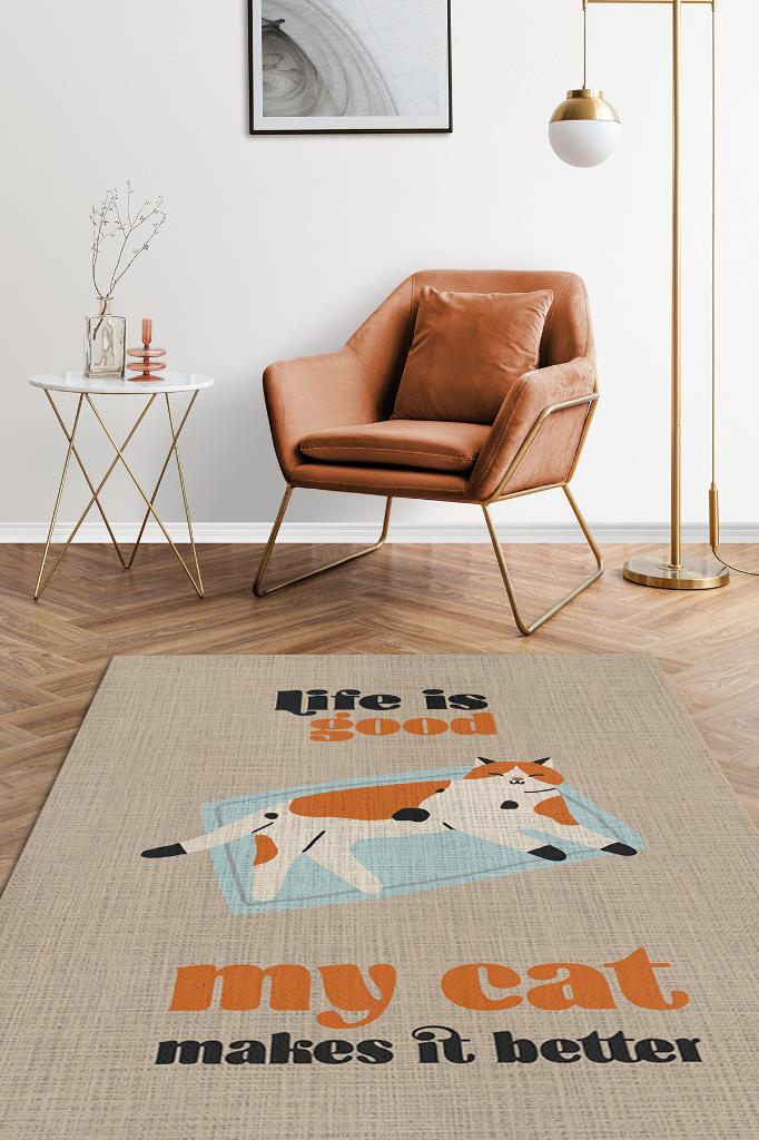 Homshtag Hayat Kedimle Güzel Bej Turuncu Halı Kedi Figürlü Salon Halısı Modern Genç Odası Halısı