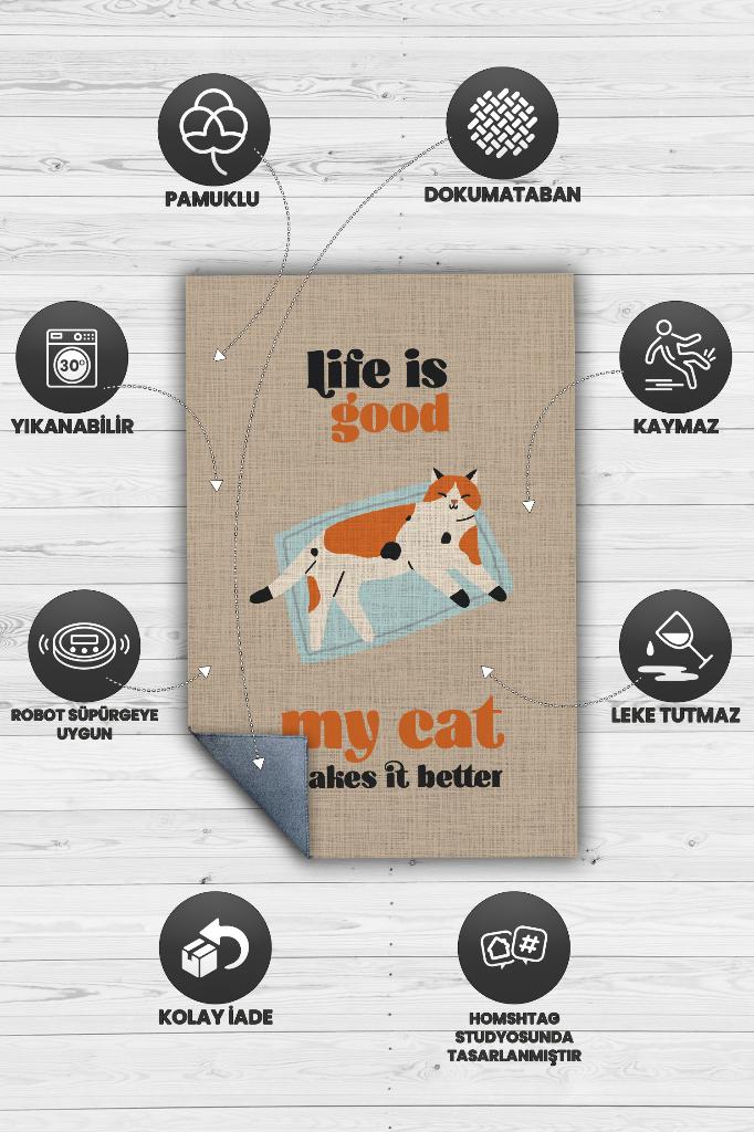 Homshtag Hayat Kedimle Güzel Bej Turuncu Halı Kedi Figürlü Salon Halısı Modern Genç Odası Halısı