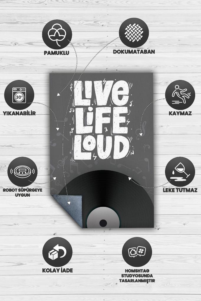 Homshtag Hayatı Sesli Yaşa Gri Siyah Koyu Renkli Halı Art Müzik Halı Müzisyene Hediye Halı