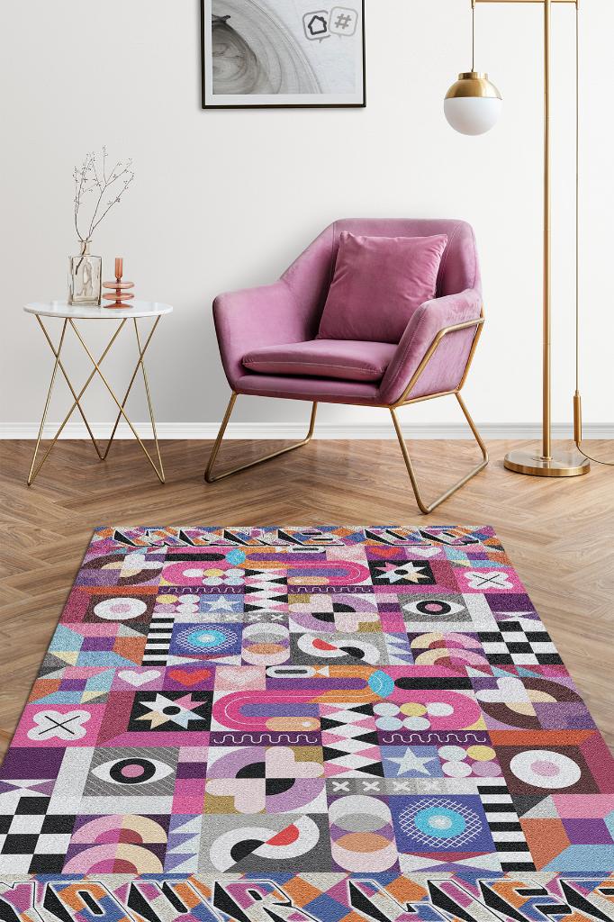 Homshtag Hayatı Topla Geometrik Desenli Salon Halısı Pembe Renkli Oturma Odası Halısı Dekoratif Halı