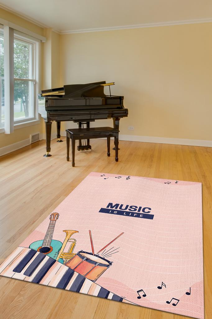 Homshtag Hayatım Müzik Art Müzik Halısı Müzik Sever Halısı Enstrüman Figürlü Renkli Modern Halı