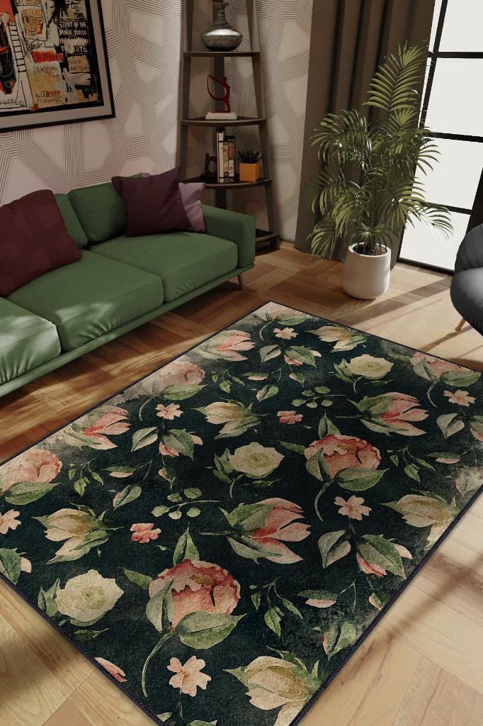 Homshtag Her Zaman Sen Oldun Çiçek Desenli Siyah Renkli Halı Art Çiçek Temalı Halı Modern Halı