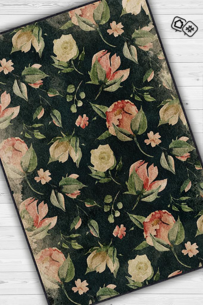 Homshtag Her Zaman Sen Oldun Çiçek Desenli Siyah Renkli Halı Art Çiçek Temalı Halı Modern Halı