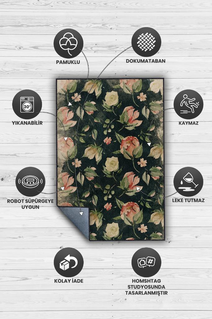 Homshtag Her Zaman Sen Oldun Çiçek Desenli Siyah Renkli Halı Art Çiçek Temalı Halı Modern Halı