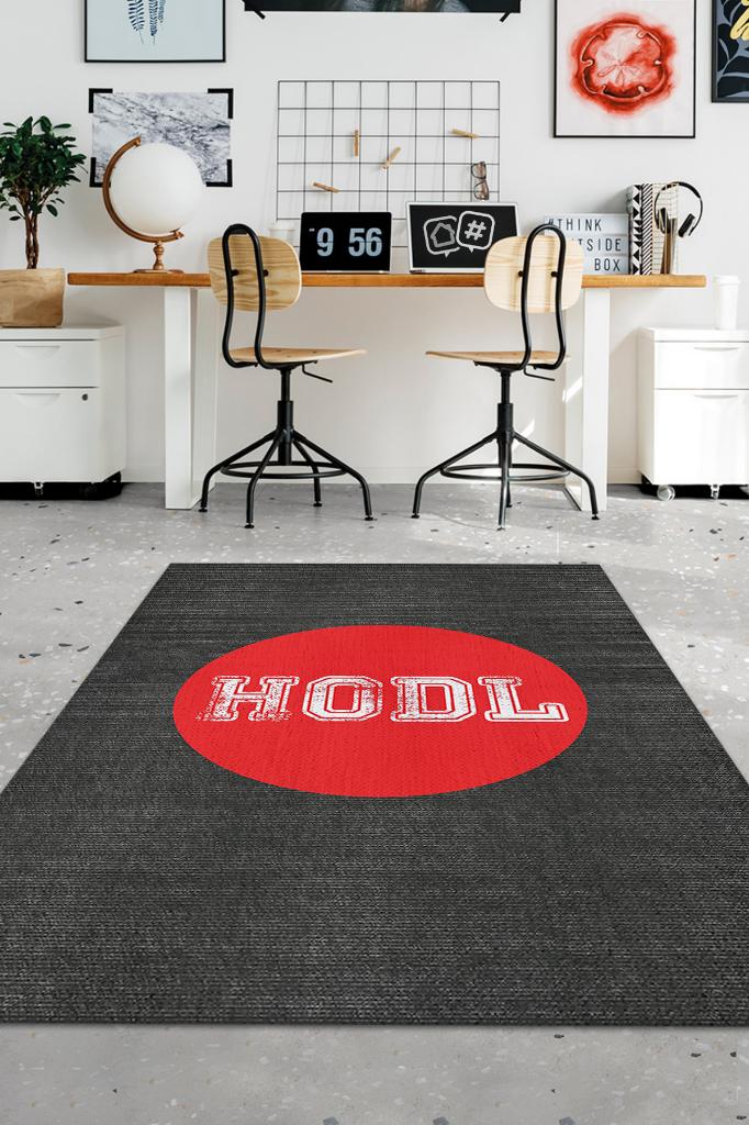 Homshtag Hodl Black and Red Printed Rug, Patterned Teen Room Rug, Plain Woven Base Rug