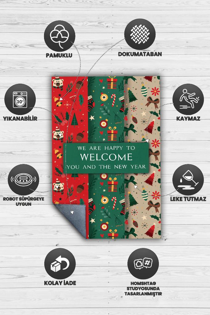 Homshtag Hoş Geldiniz Yeşil Renkli Yeni Yıl Parti Halısı Çok Renkli Yılbaşı Temalı Hediyelik Halı