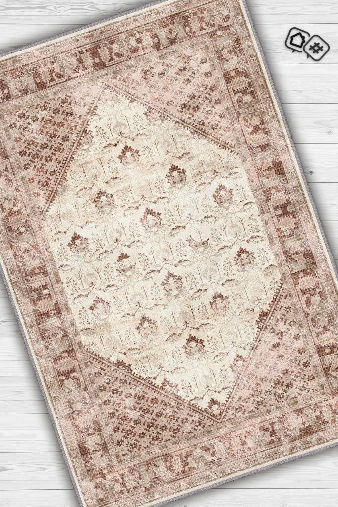 Homshtag Huzur Etnik Desenli Halı Geometrik Salon Halısı Bej Krem Renkli Oturma Odası Halısı