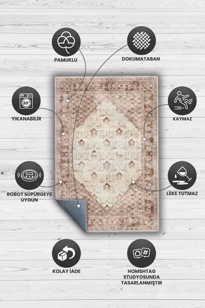 Homshtag Huzur Etnik Desenli Halı Geometrik Salon Halısı Bej Krem Renkli Oturma Odası Halısı