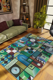 Homshtag İyi Hal Geometrik Desenli Salon Halısı Yeşil Oturma Odası Halısı Dekoratif Halı Modern Halı