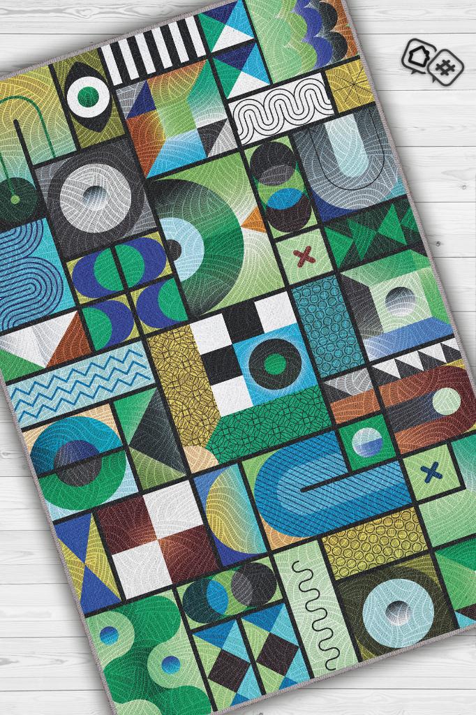 Homshtag İyi Hal Geometrik Desenli Salon Halısı Yeşil Oturma Odası Halısı Dekoratif Halı Modern Halı