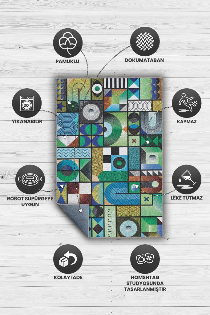 Homshtag İyi Hal Geometrik Desenli Salon Halısı Yeşil Oturma Odası Halısı Dekoratif Halı Modern Halı