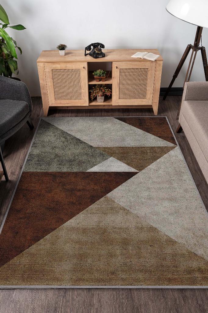 Homshtag İyi Yaşam Üçgeni Kahverengi Renkli Halı Geometrik Oturma Odası Halısı Minimal Salon Halı