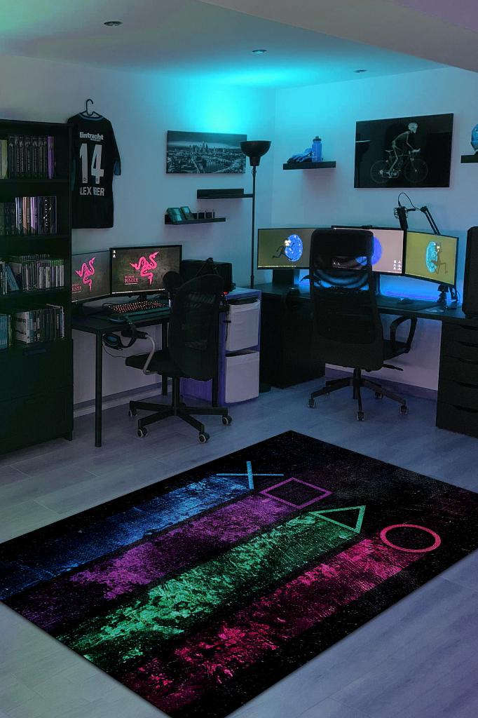 Homshtag Joystick Renkli Oyuncu Halısı Zemini Siyah Renk Gamer Temalı Halı Oyuncuya Hediyelik Halı