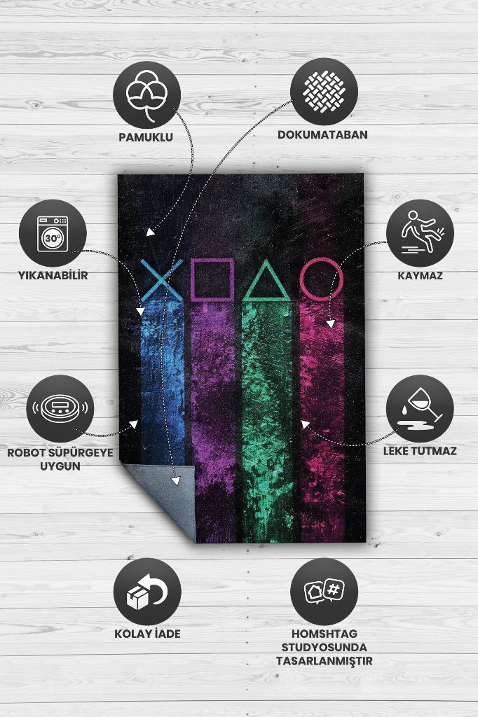 Homshtag Joystick Renkli Oyuncu Halısı Zemini Siyah Renk Gamer Temalı Halı Oyuncuya Hediyelik Halı