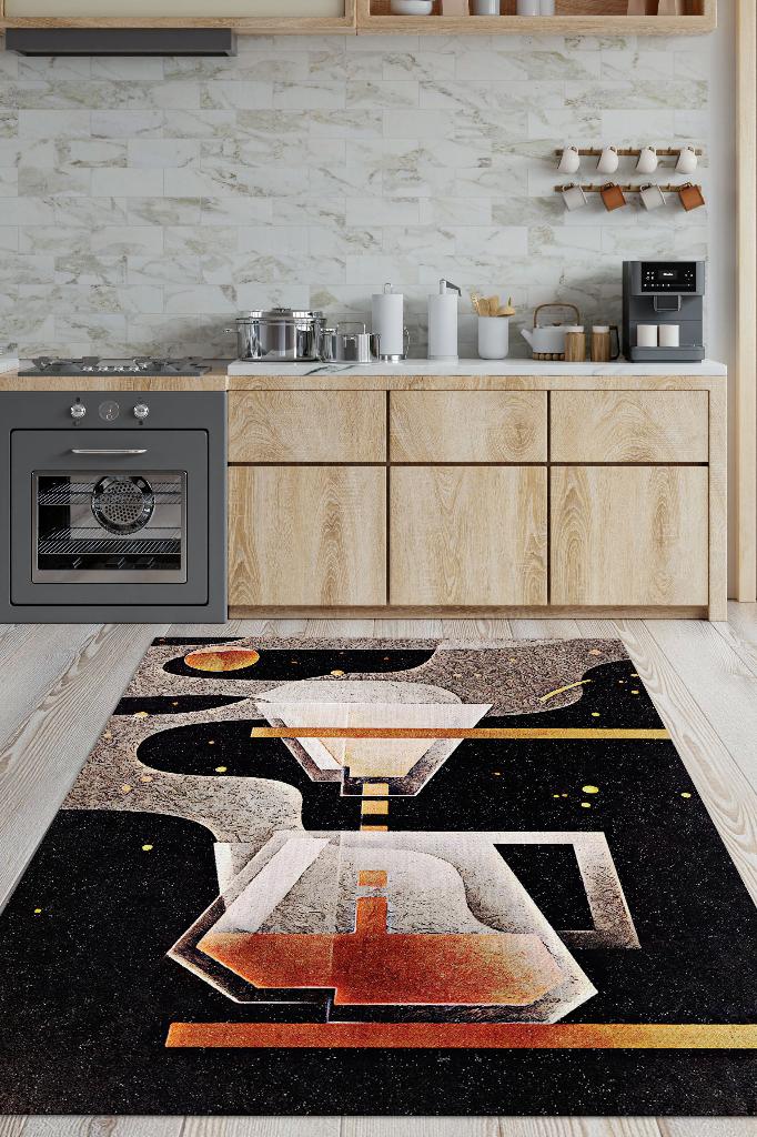 Homshtag Kahve Evreni Geometrik Kahve Sever Halısı Siyah Renkli Mutfak Halısı Dekoratif Salon Halısı