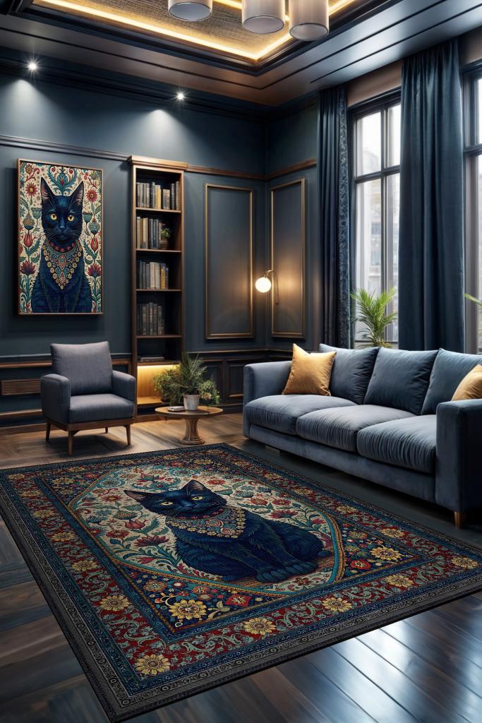 Homshtag Kara Kedi Figürlü Korku Temalı Salon Halı Koyu Renkli Halı Gotik Korku Sanatı Konsept Halı