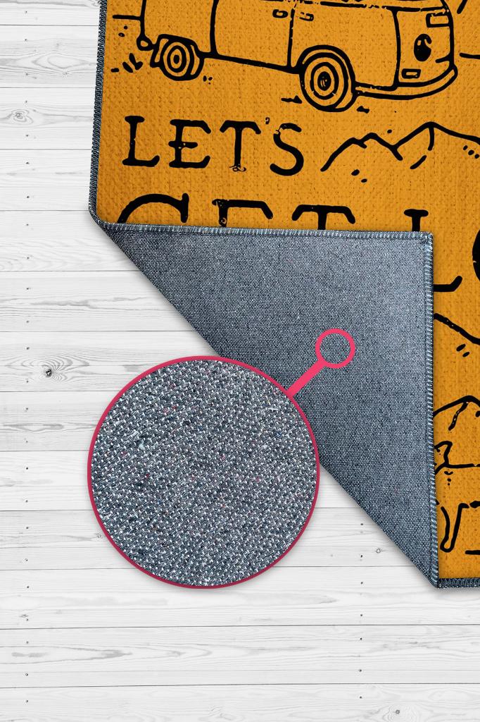 Homshtag Kaybolalım,Seyahat Temalı Sarı Halı,Çadır Halısı,Kamp Halısı,Pamuklu Dokuma Tabanlı Yıkanabilir Dekoratif Halı