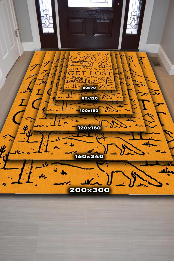 Homshtag Kaybolalım,Seyahat Temalı Sarı Halı,Çadır Halısı,Kamp Halısı,Pamuklu Dokuma Tabanlı Yıkanabilir Dekoratif Halı