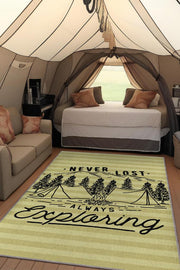 Homshtag Kaybolmam Keşfederim,Kamp Hayatı Desenli Sarı Halı,Kampçı Halısı,Pamuklu Dokuma Tabanlı Yıkanabilir Halı