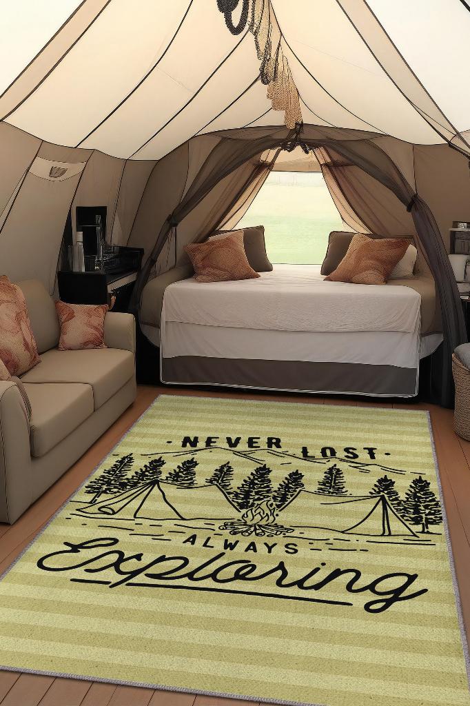 Homshtag Kaybolmam Keşfederim,Kamp Hayatı Desenli Sarı Halı,Kampçı Halısı,Pamuklu Dokuma Tabanlı Yıkanabilir Halı