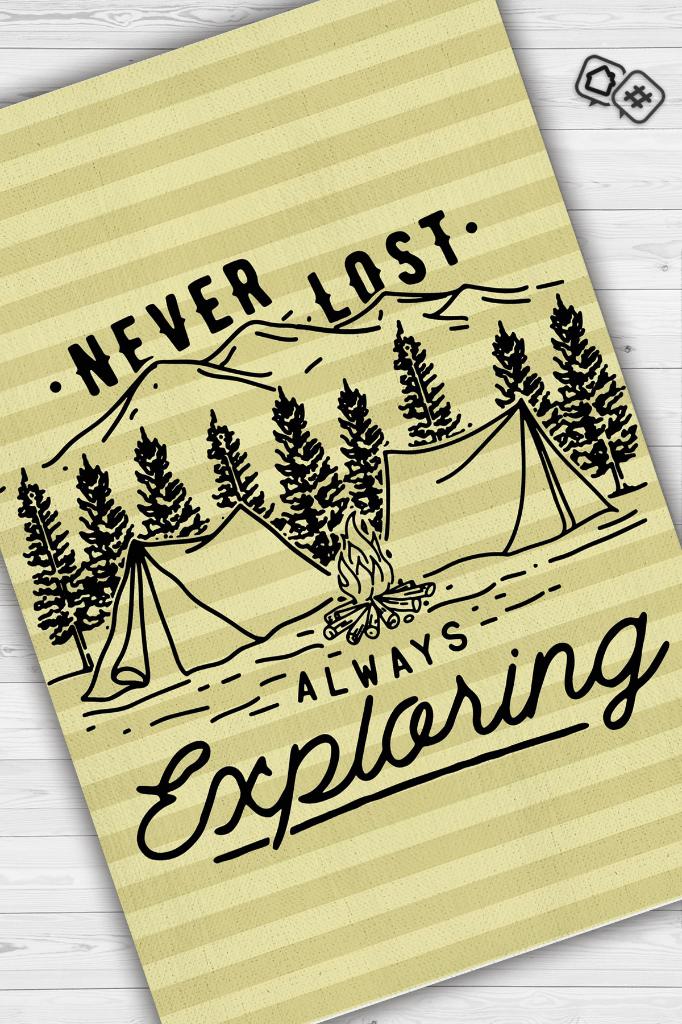 Homshtag Kaybolmam Keşfederim,Kamp Hayatı Desenli Sarı Halı,Kampçı Halısı,Pamuklu Dokuma Tabanlı Yıkanabilir Halı