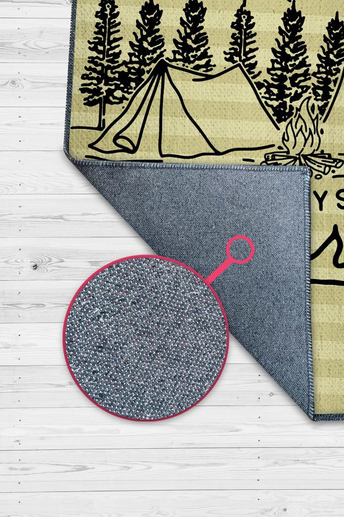 Homshtag Kaybolmam Keşfederim,Kamp Hayatı Desenli Sarı Halı,Kampçı Halısı,Pamuklu Dokuma Tabanlı Yıkanabilir Halı