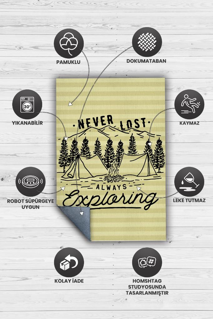 Homshtag Kaybolmam Keşfederim,Kamp Hayatı Desenli Sarı Halı,Kampçı Halısı,Pamuklu Dokuma Tabanlı Yıkanabilir Halı