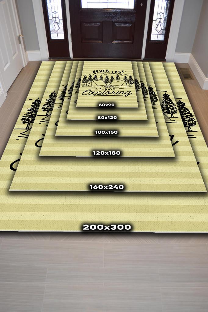 Homshtag Kaybolmam Keşfederim,Kamp Hayatı Desenli Sarı Halı,Kampçı Halısı,Pamuklu Dokuma Tabanlı Yıkanabilir Halı