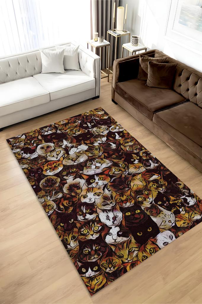 Homshtag Kedi Kafası Kahverengi Halı Minimal Gen Odası Halısı Renkli Salon Halısı Kedili Halı